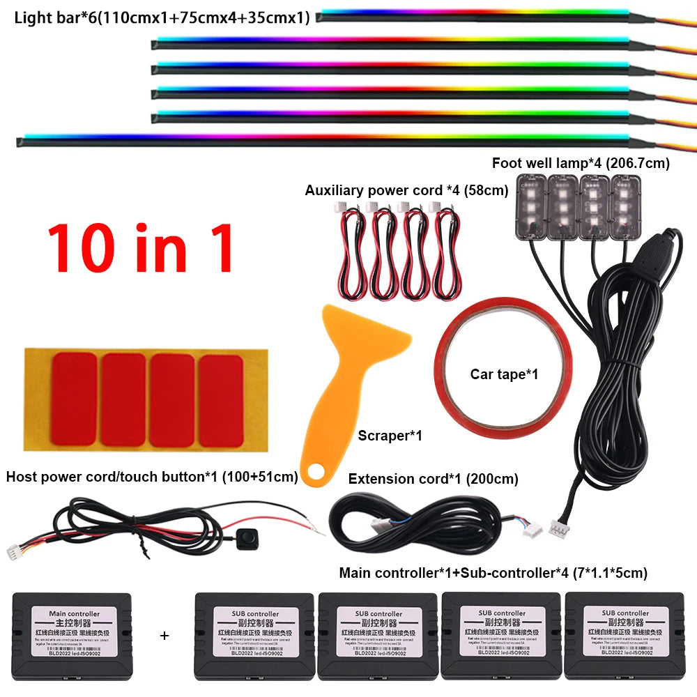 Lumière Ambiante de Voiture RVB – Bande de Fibre Optique Acrylique 64 Couleurs avec Contrôle d'Application (18 en 1)